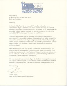 Invitation to bring Arsenal Technical High School to Perform at Pearl Harbor.